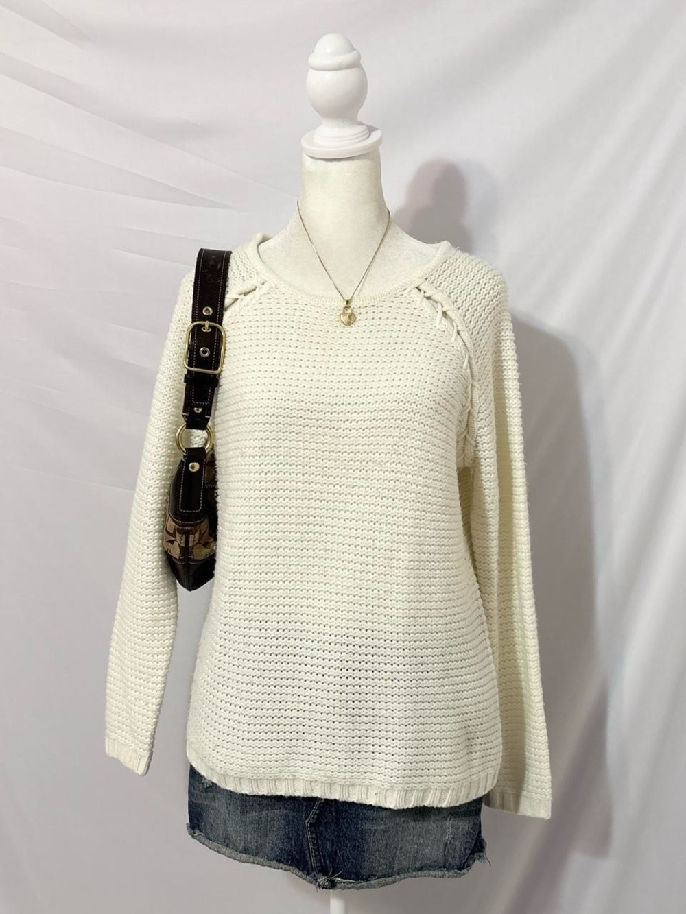 White Knitted Coquette Sweater with lace up details on sleeves